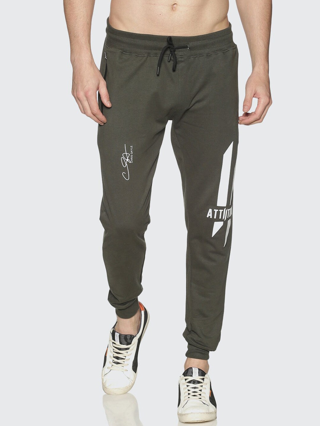 

ATTIITUDE Men Printed Detail Pure Cotton Slim-Fit Joggers, Olive
