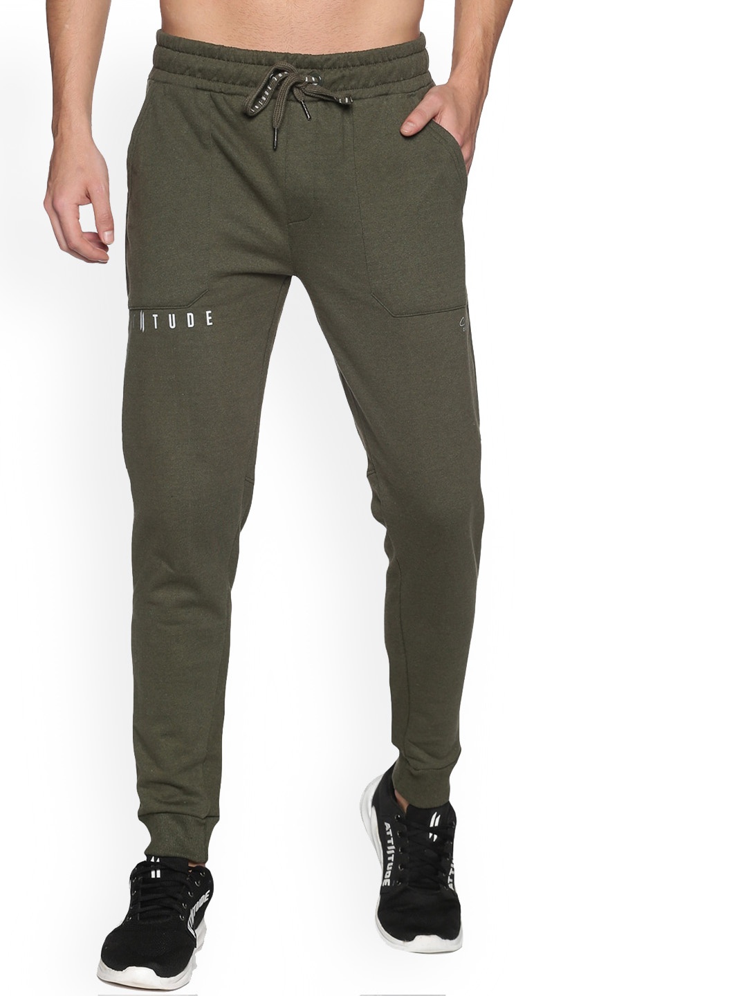 

ATTIITUDE Men Logo Printed Detail Pure Cotton Slim-Fit Joggers, Green