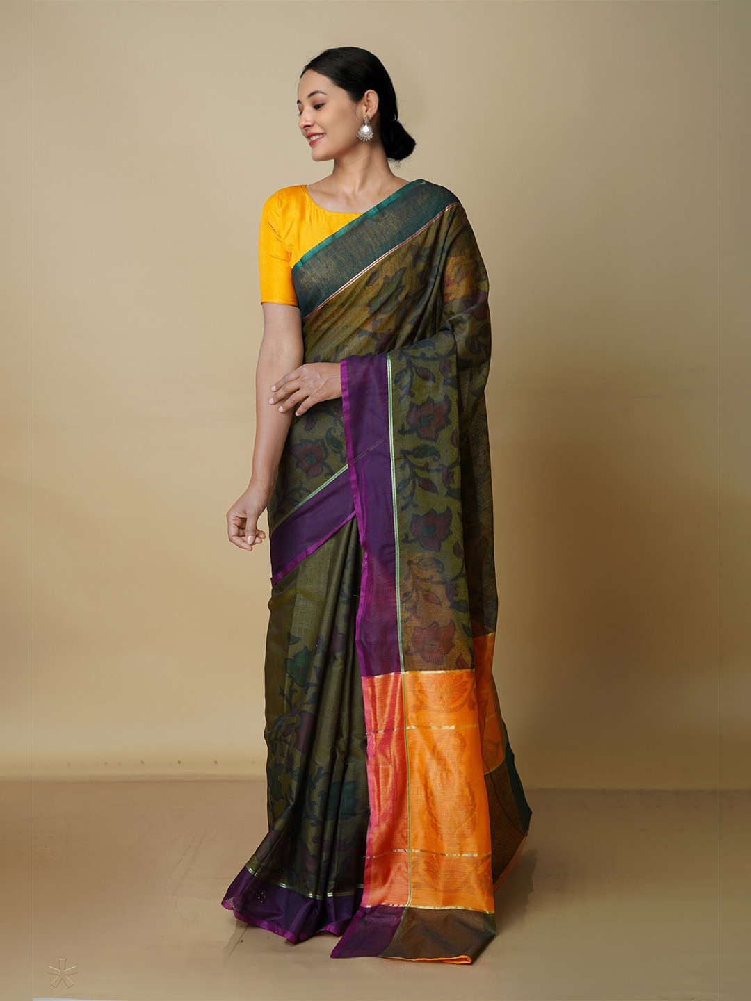 

Unnati Silks Floral Print Chanderi Saree, Green