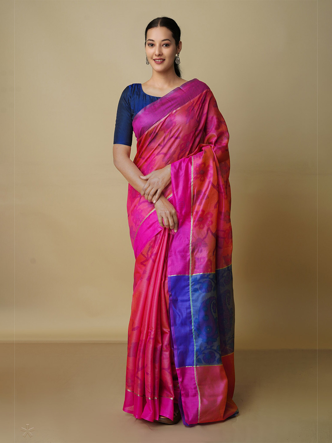 

Unnati Silks Floral printed Zari Handloom Chanderi Saree, Pink