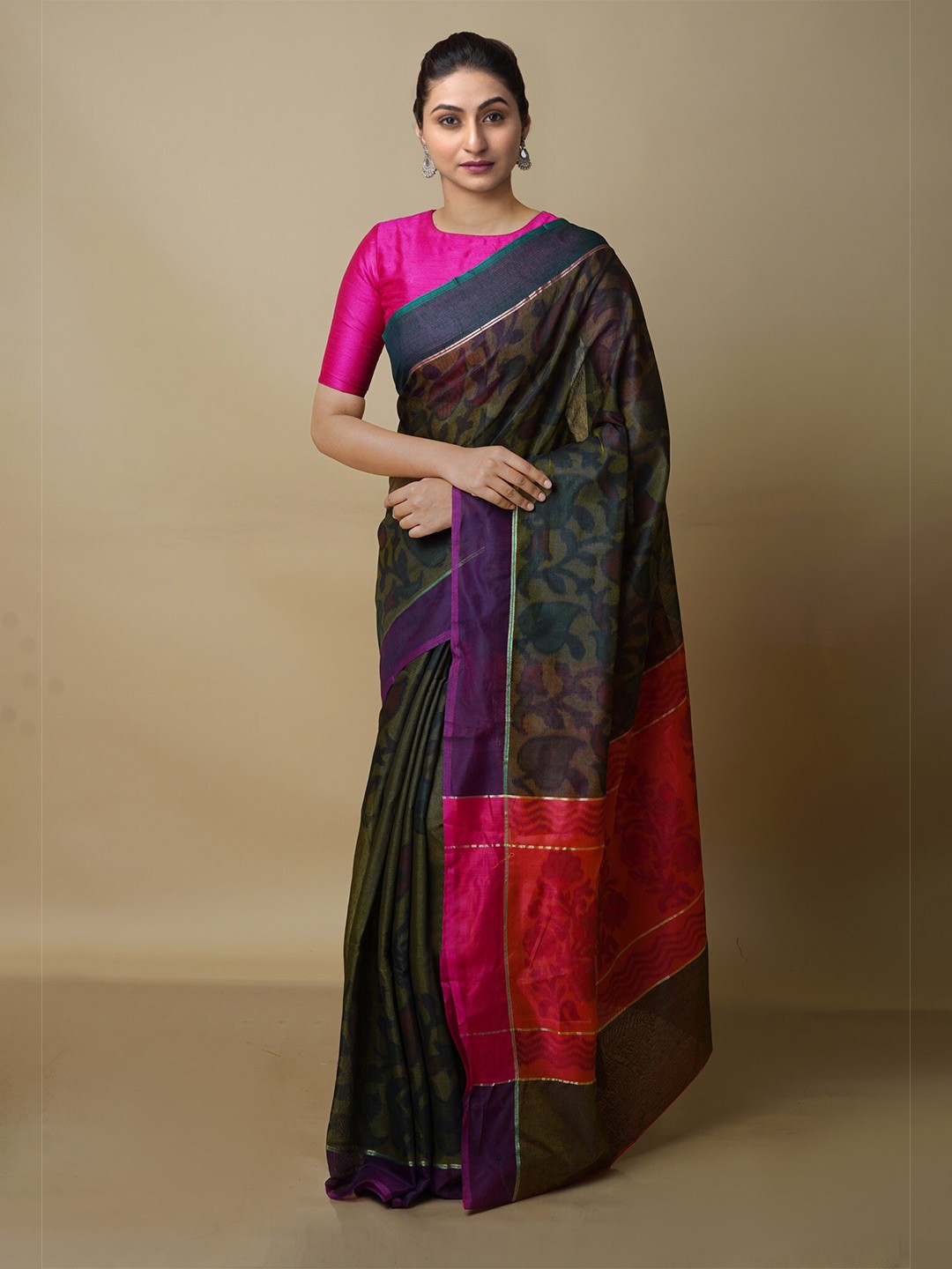 

Unnati Silks Ethnic Motifs Printed Chanderi Saree, Green