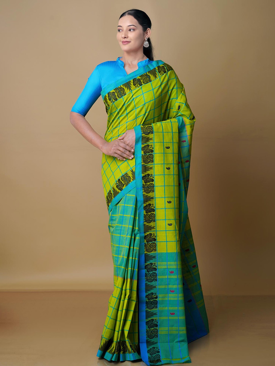 

Unnati Silks Checked Pure Cotton Handloom Chettinad Saree, Blue
