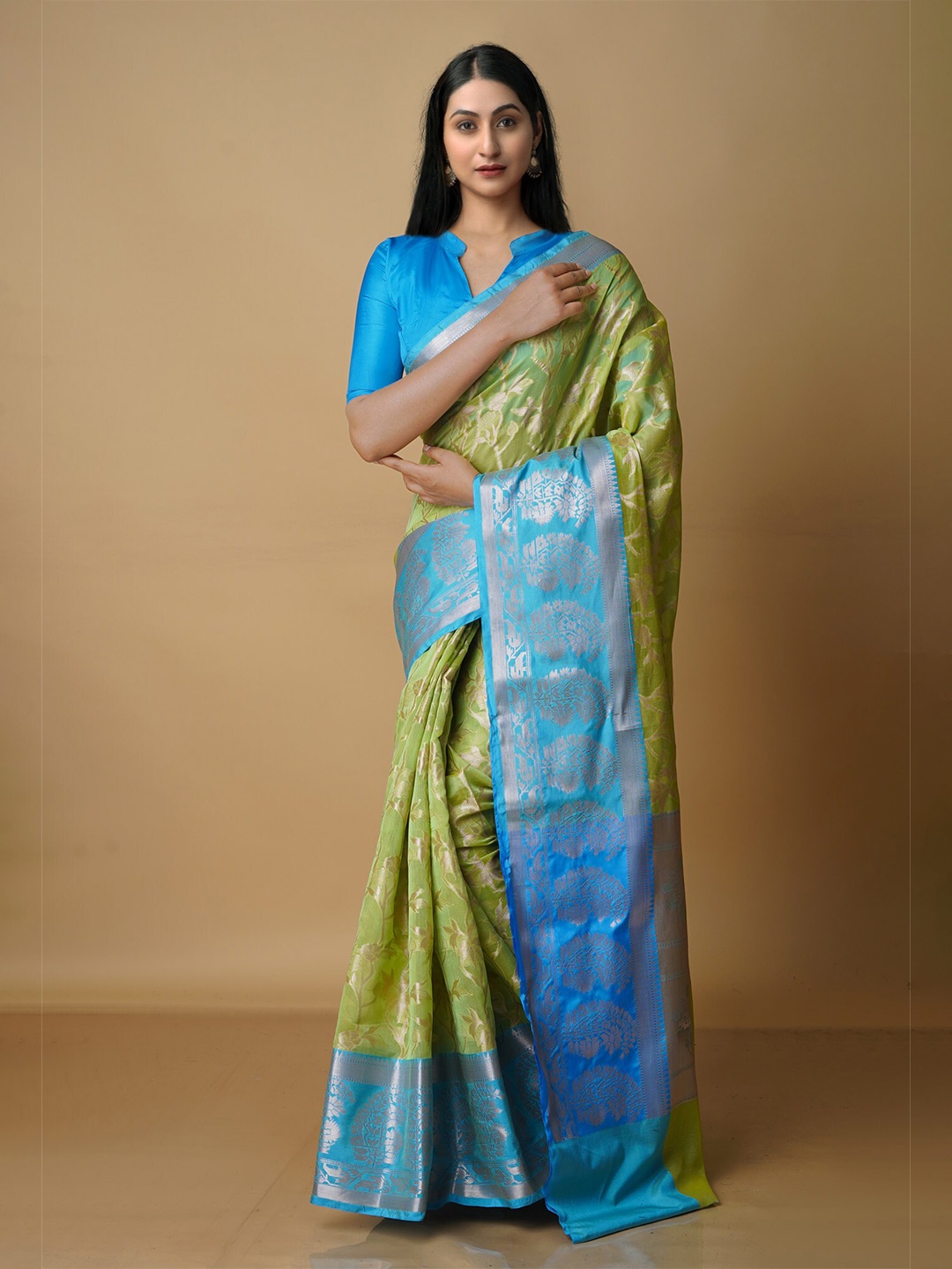 

Unnati Silks Green & Blue Woven Design Zari Silk Blend Banarasi Saree