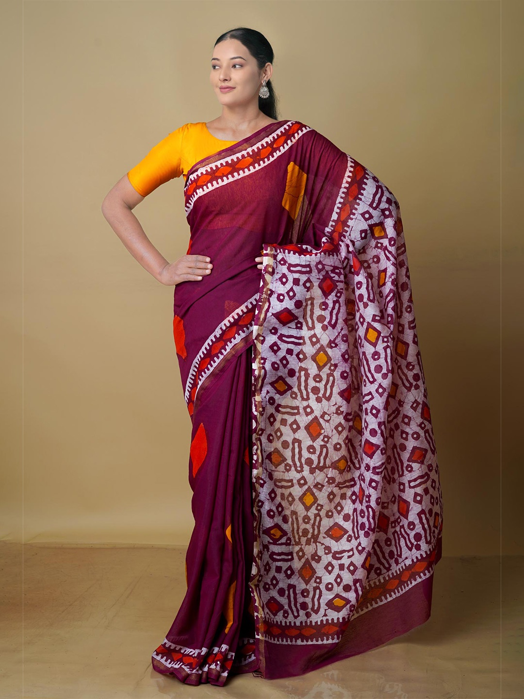 

Unnati Silks Batik Zari Silk Cotton Chanderi Saree, Maroon