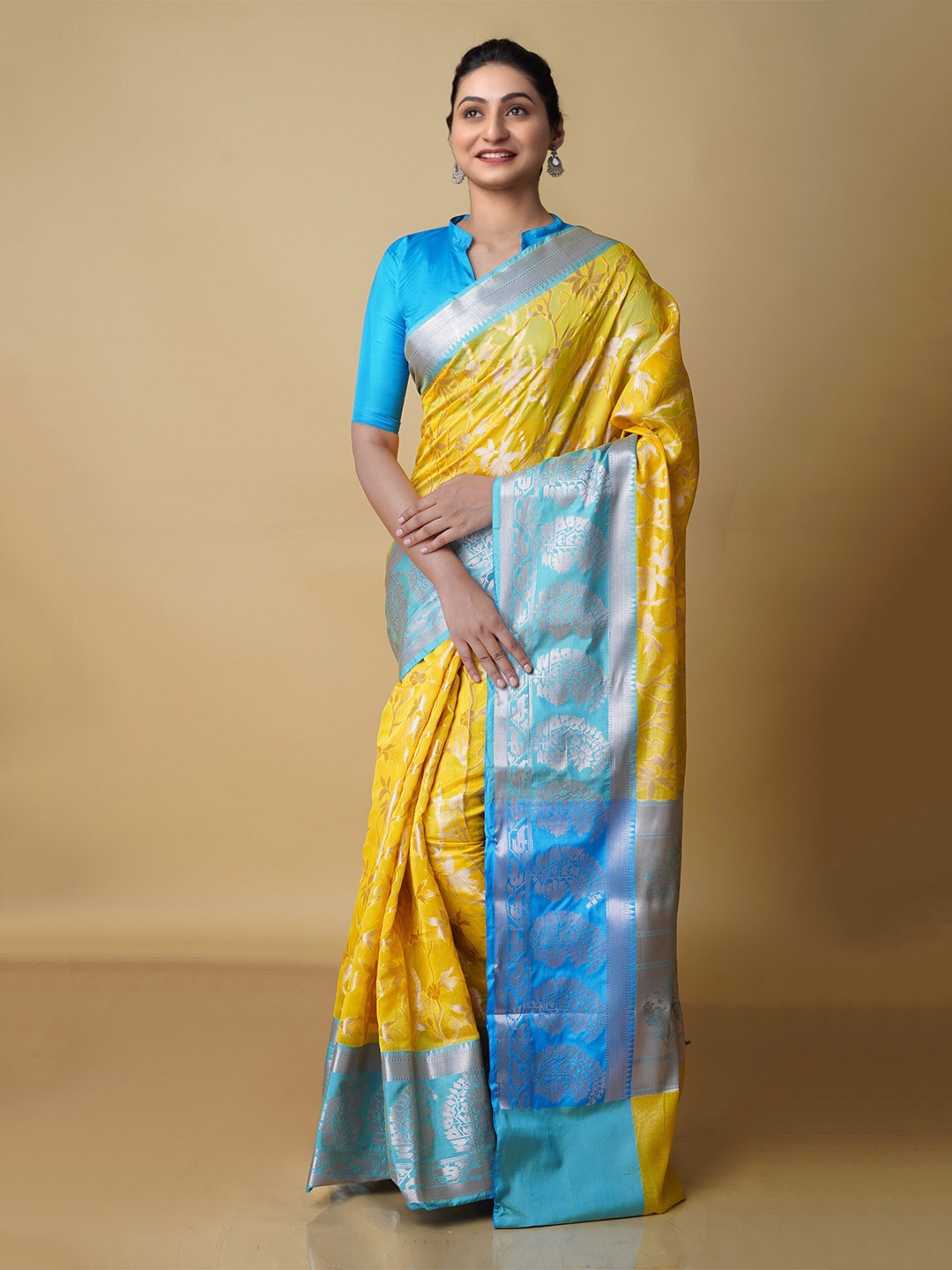 

Unnati Silks Woven Design Zari Silk Blend Banarasi Saree With Blouse Piece, Yellow