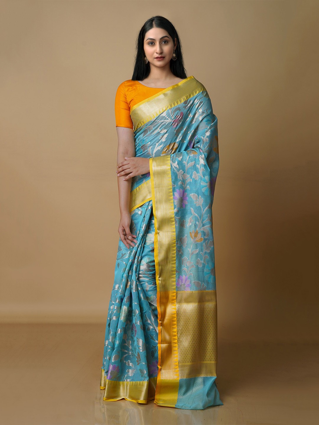 

Unnati Silks Woven Design Zari Silk Blend Banarasi Saree With Blouse Piece, Blue