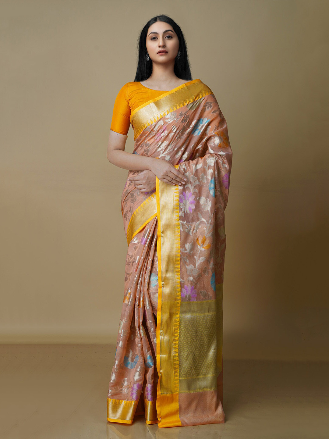 

Unnati Silks Orange & Mustard Woven Design Zari Silk Blend Banarasi Saree