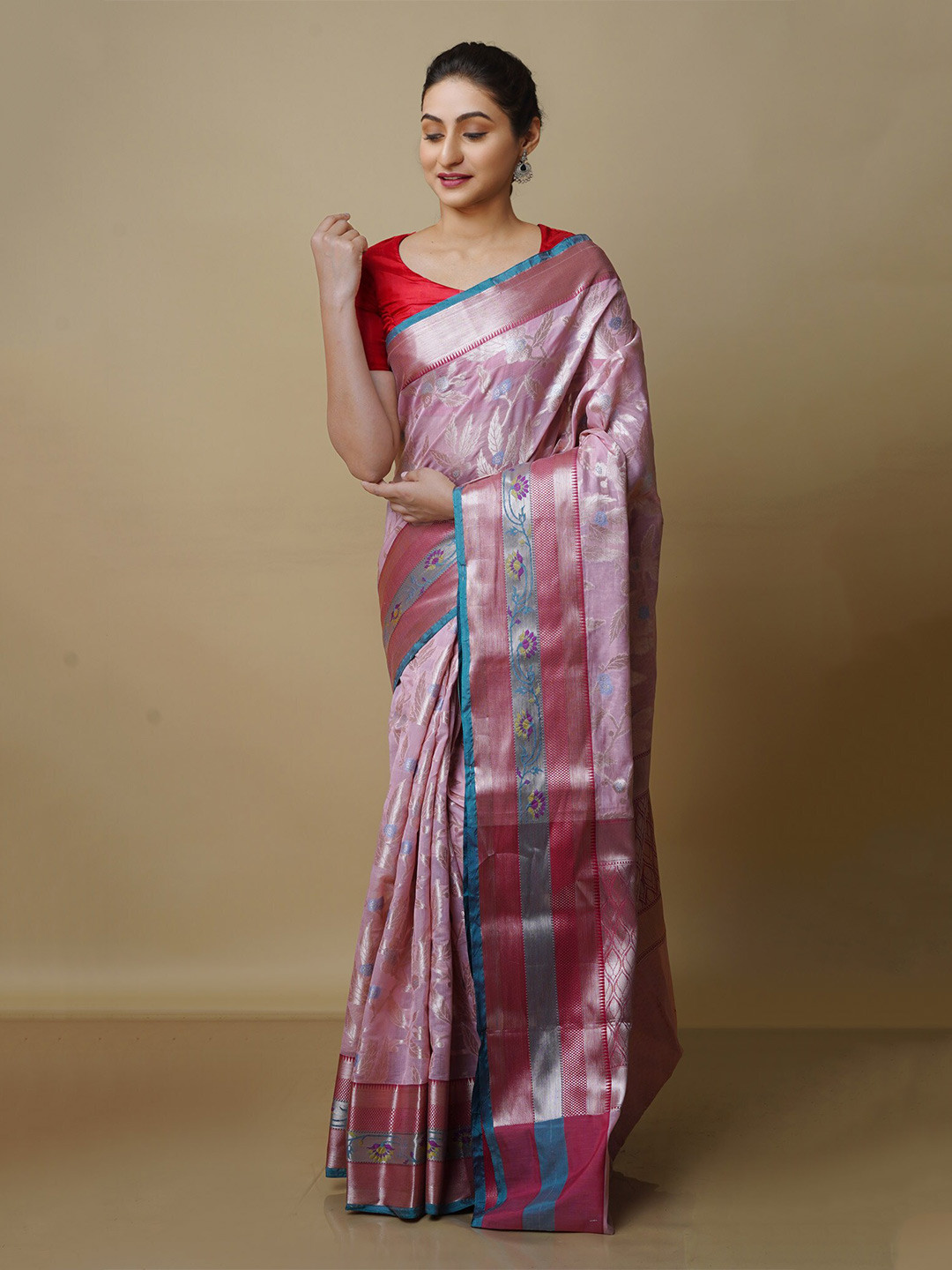 

Unnati Silks Floral Woven Design Zari Banarasi Saree, Rose gold
