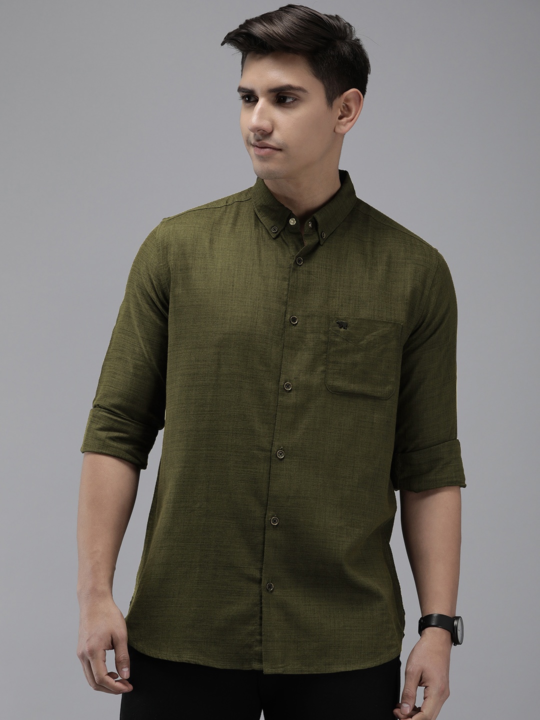 

THE BEAR HOUSE Men Slim Fit Pure Cotton Casual Shirt, Olive