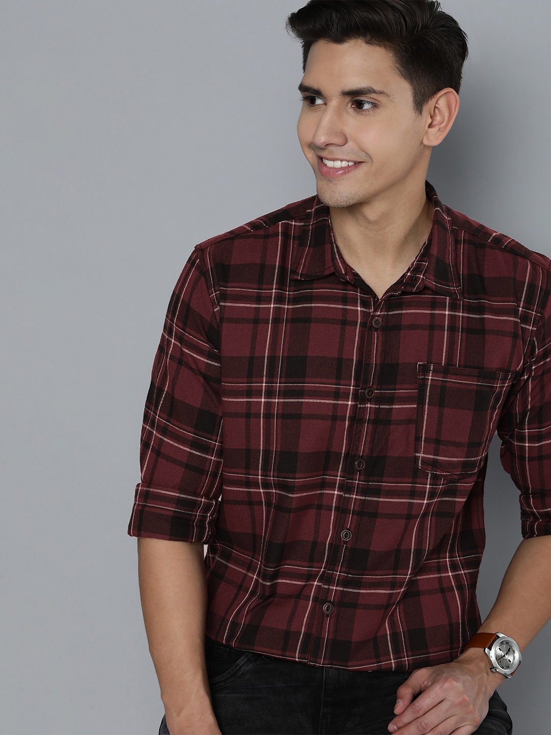 

HERE&NOW Men Maroon Slim Fit Tartan Checks Checked Casual Shirt