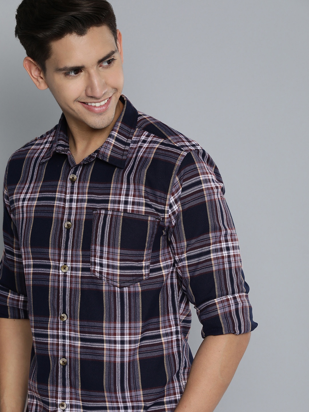 

HERE&NOW Men Navy Blue Slim Fit Tartan Checks Checked Casual Shirt