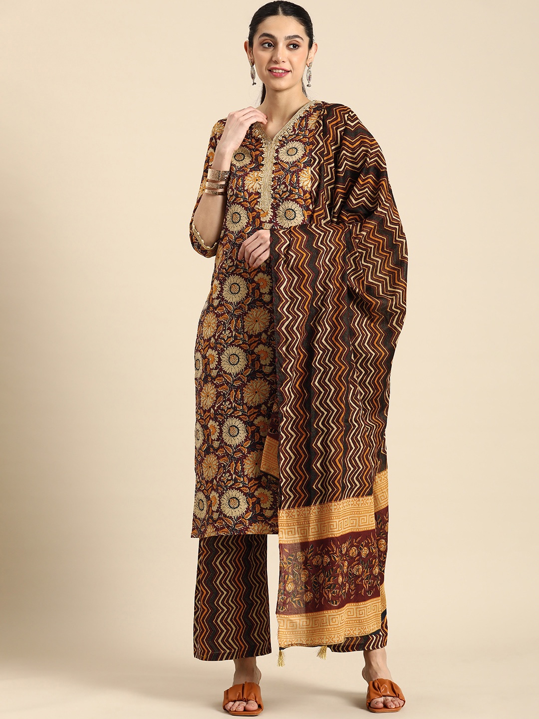 

Anouk Ethnic Motifs Printed Beads & Stones Pure Cotton Kurta With Palazzos & With Dupatta, Maroon