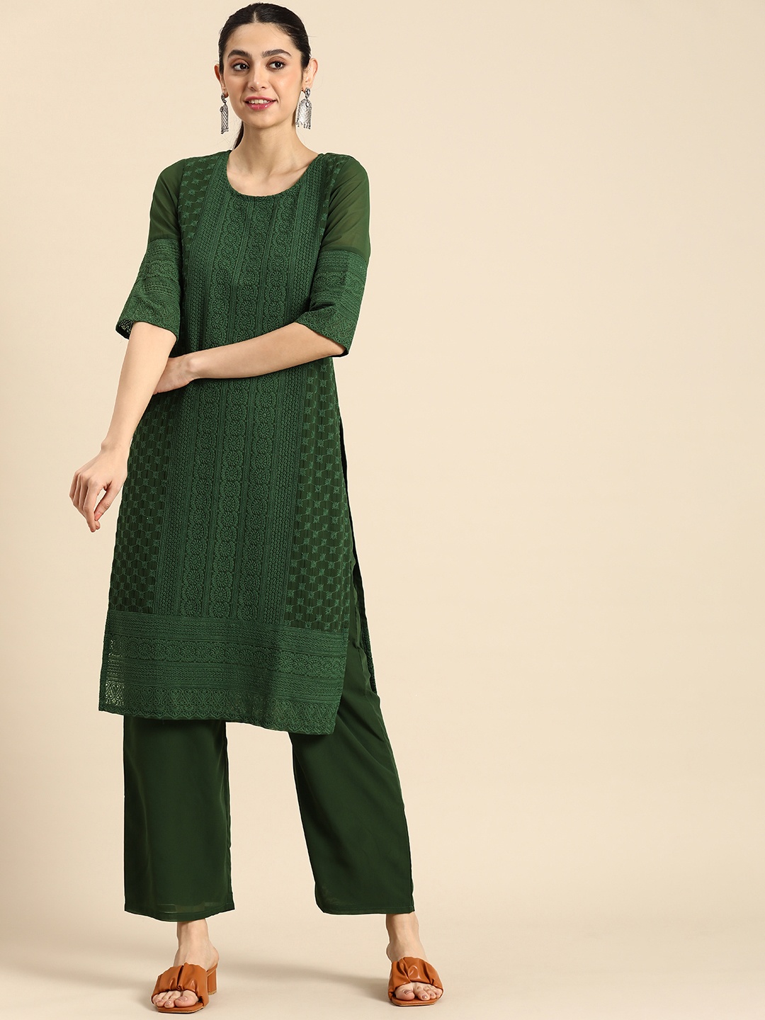 

Anouk Ethnic Motifs Embroidered Chikankari Kurta With Palazzos, Green