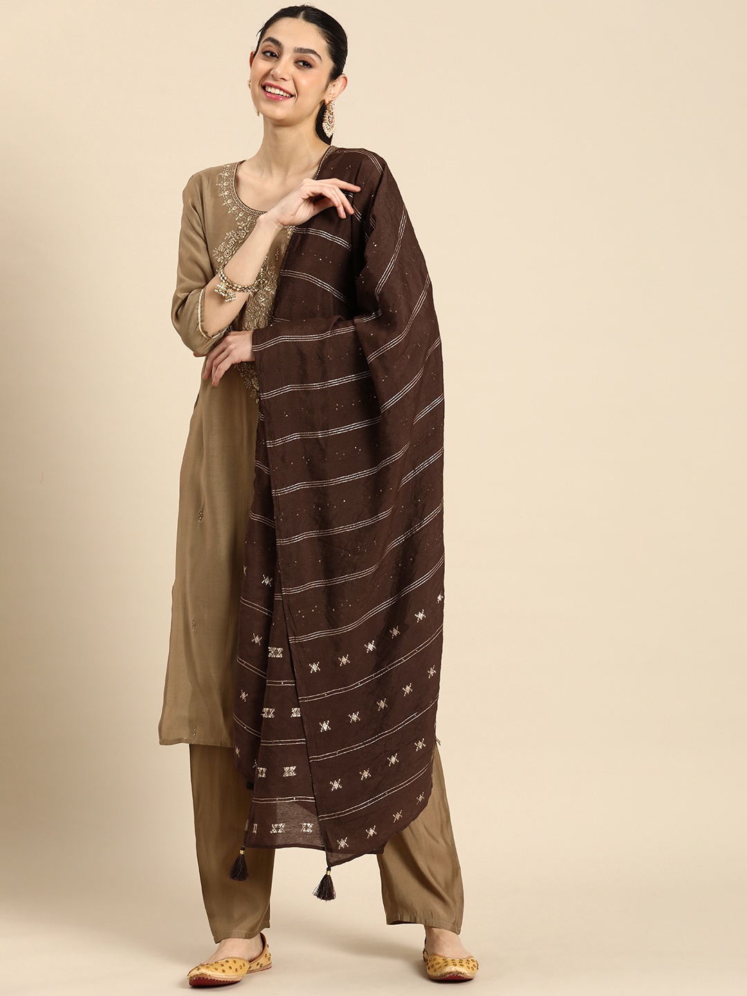 

Anouk Floral Embroidered Thread Work Kurta With Trousers & With Dupatta, Brown