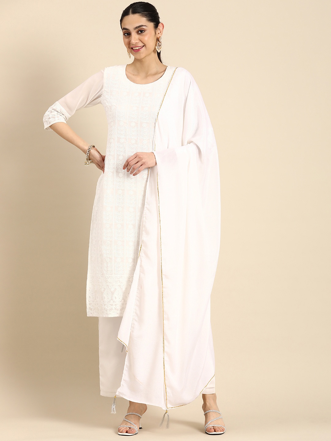 

Anouk Ethnic Motifs Embroidered Chikankari Kurta With Palazzos & With Dupatta, White