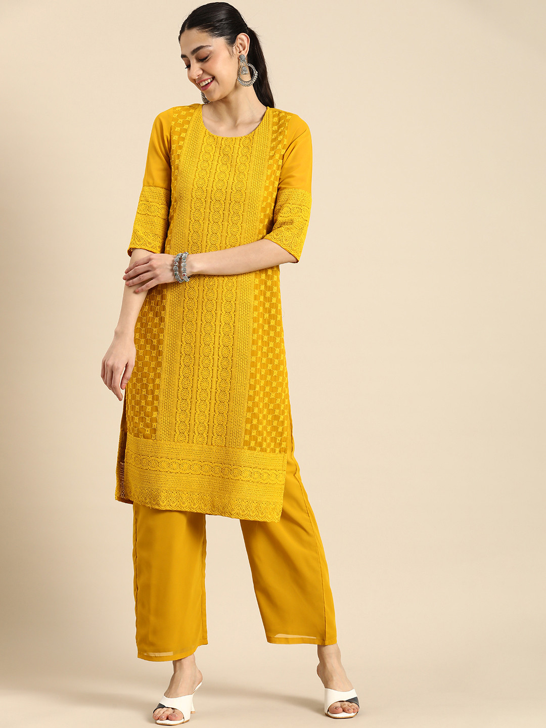 

Anouk Ethnic Motifs Embroidered Chikankari Kurta With Palazzos, Mustard