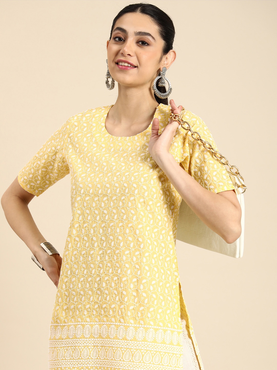 

Anouk Ethnic Motifs Embroidered Chikankari Pure Cotton Short Kurti, Yellow