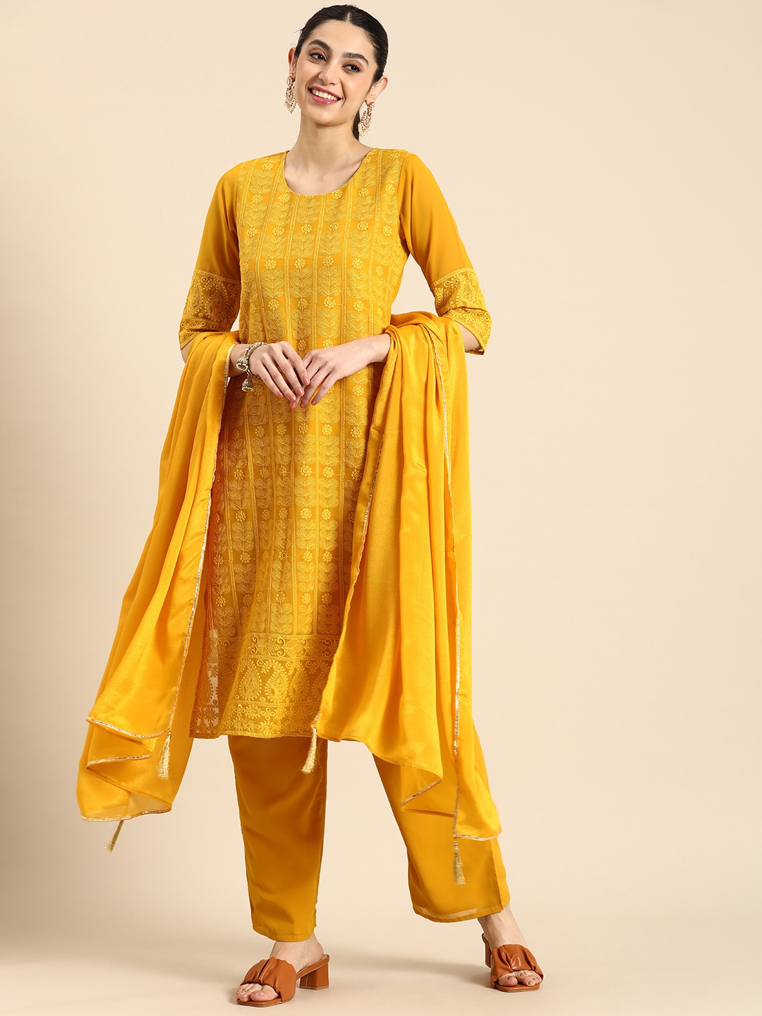 

Anouk Ethnic Motifs Embroidered Thread Work Kurta With Palazzos & With Dupatta, Mustard