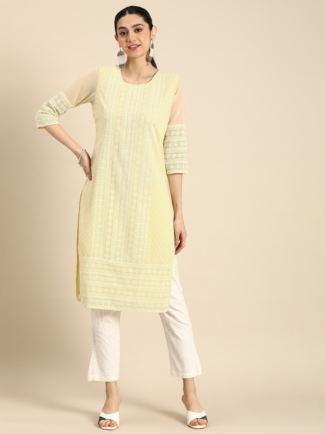 

Anouk Floral Embroidered Chikankari Kurta, Yellow