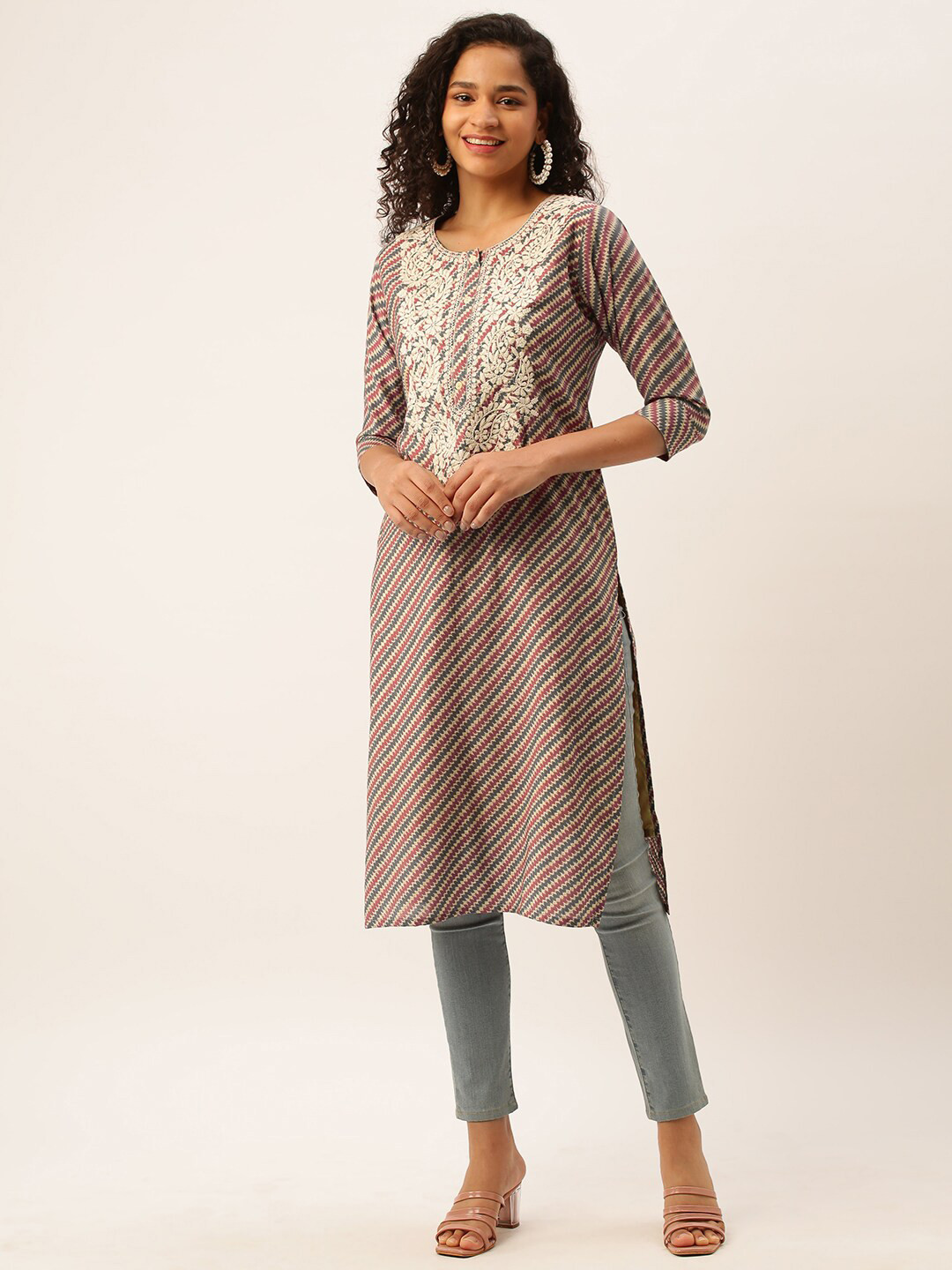 

ZOLA Notch Neck Striped Printed Yoke Embroidered Design Straight Kurta, Red