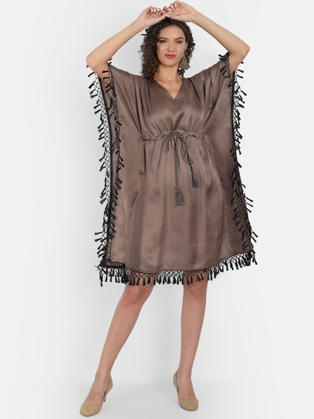

JIRON Women Beachwear Kaftan Dress with Fringes, Brown