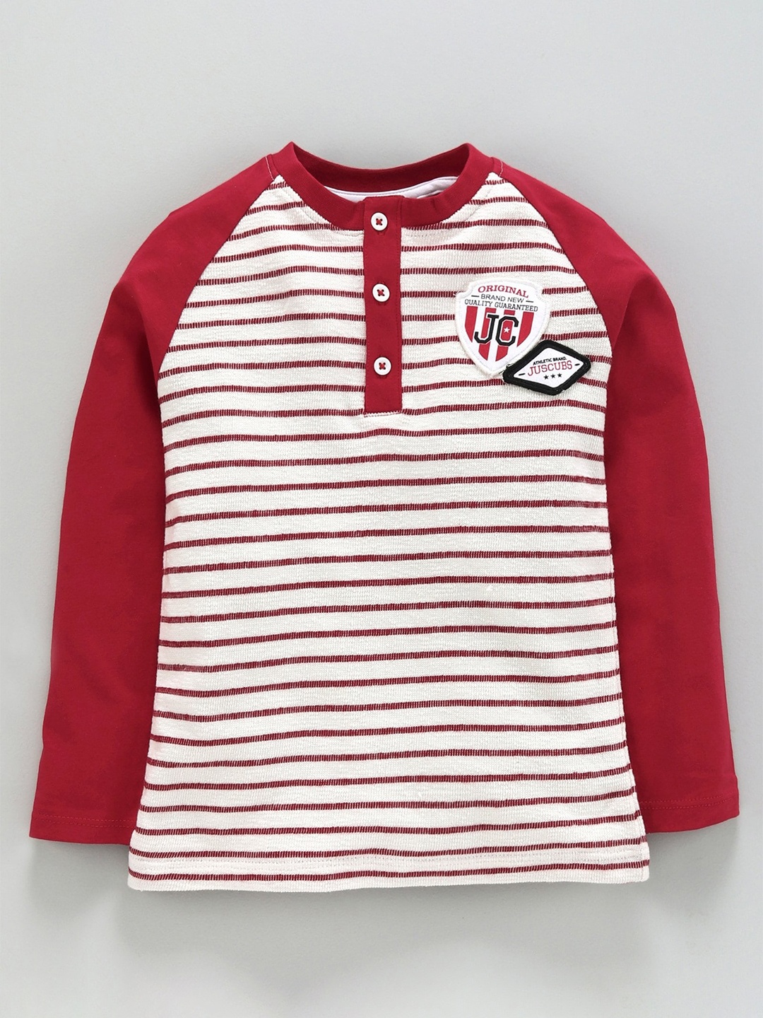 

JusCubs Boys Striped Henley Neck Raglan Sleeves Cotton T-shirt, White