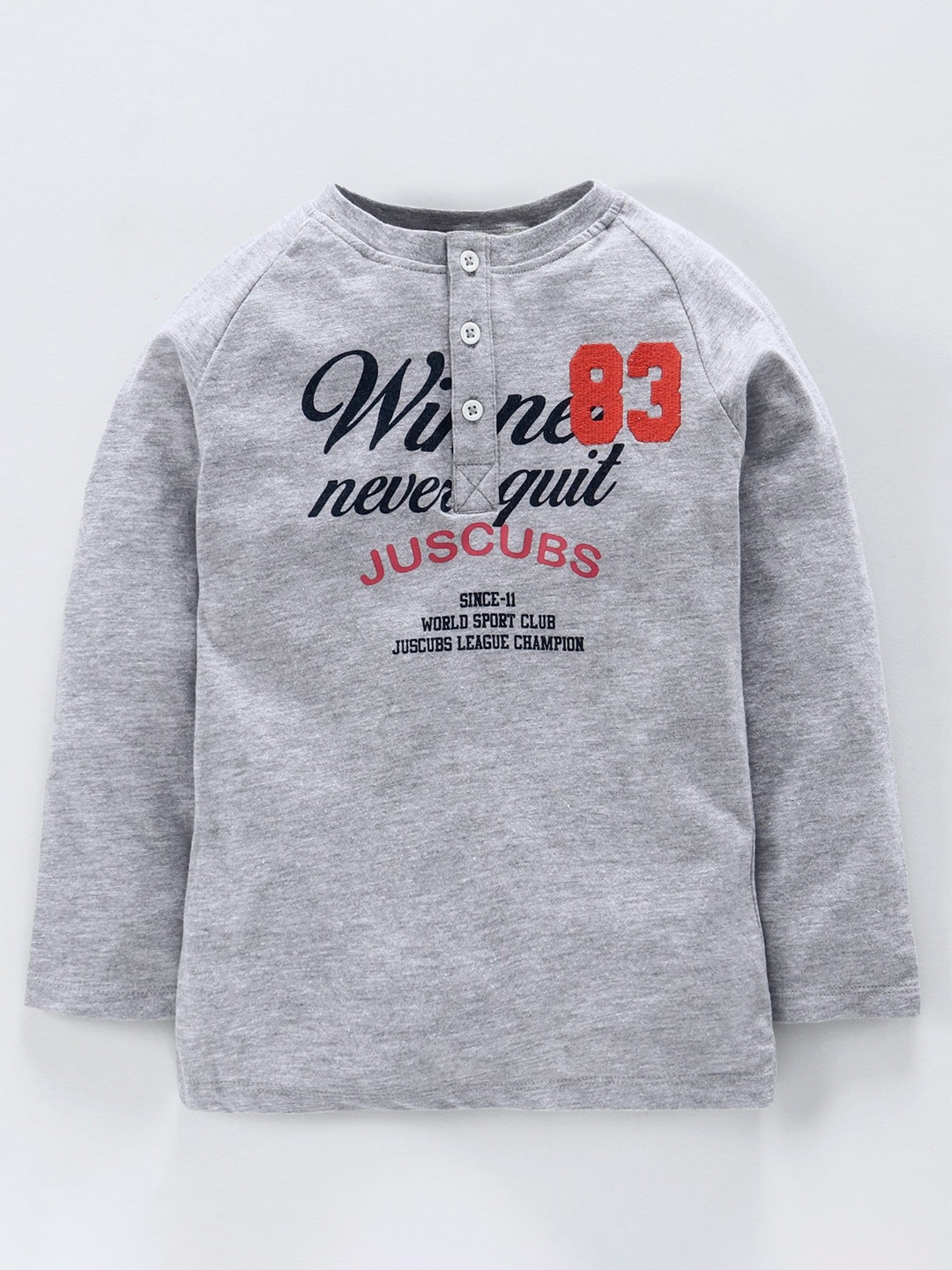 

JusCubs Boys Typography Printed Henley Neck Cotton T-shirt, Grey