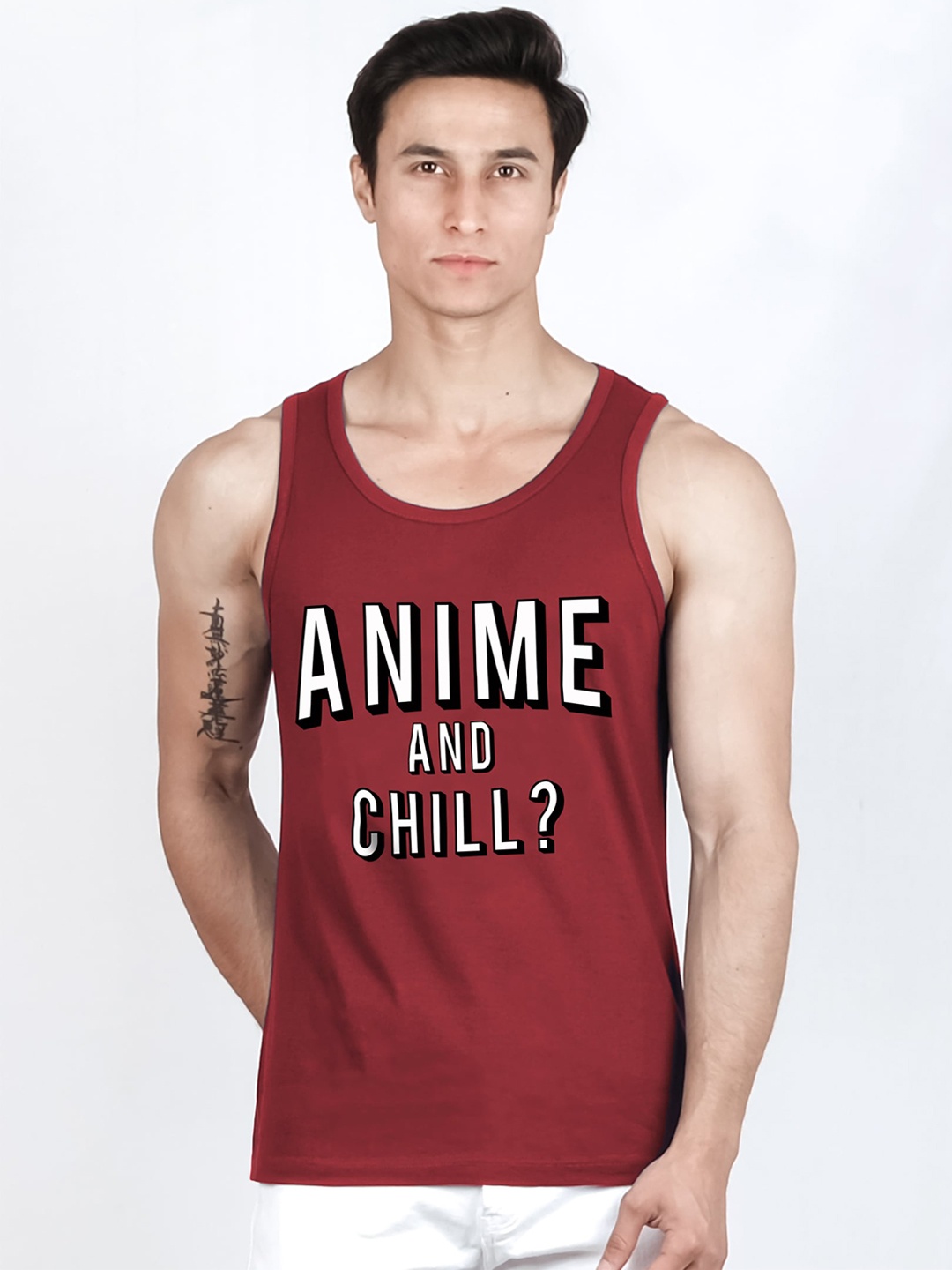 

COMICSENSE Men Anime Anime and Chill Printed Pure Cotton Bio Washed Tank Vest, Red