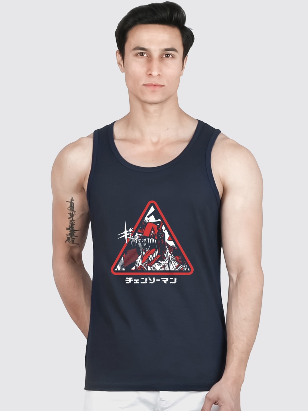 

COMICSENSE Men Anime Printed Chainsaw Man Pure Cotton Tank Top Vest, Navy blue