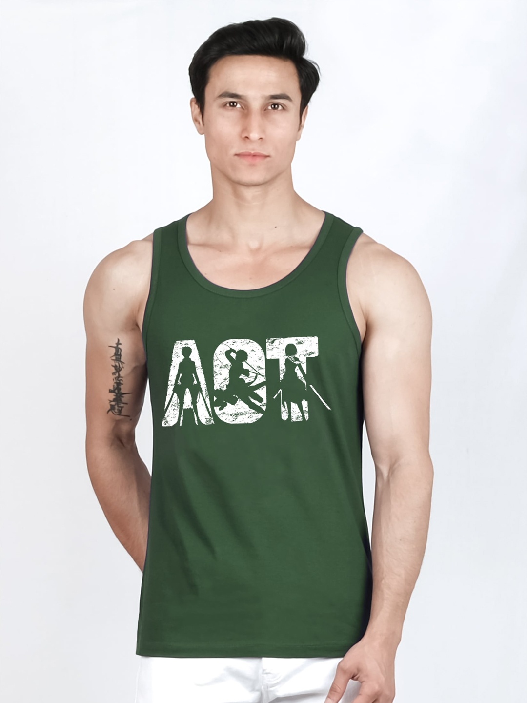 

COMICSENSE Men Anime Printed Attack on Titan Pure Cotton Tank Top Vest, Green