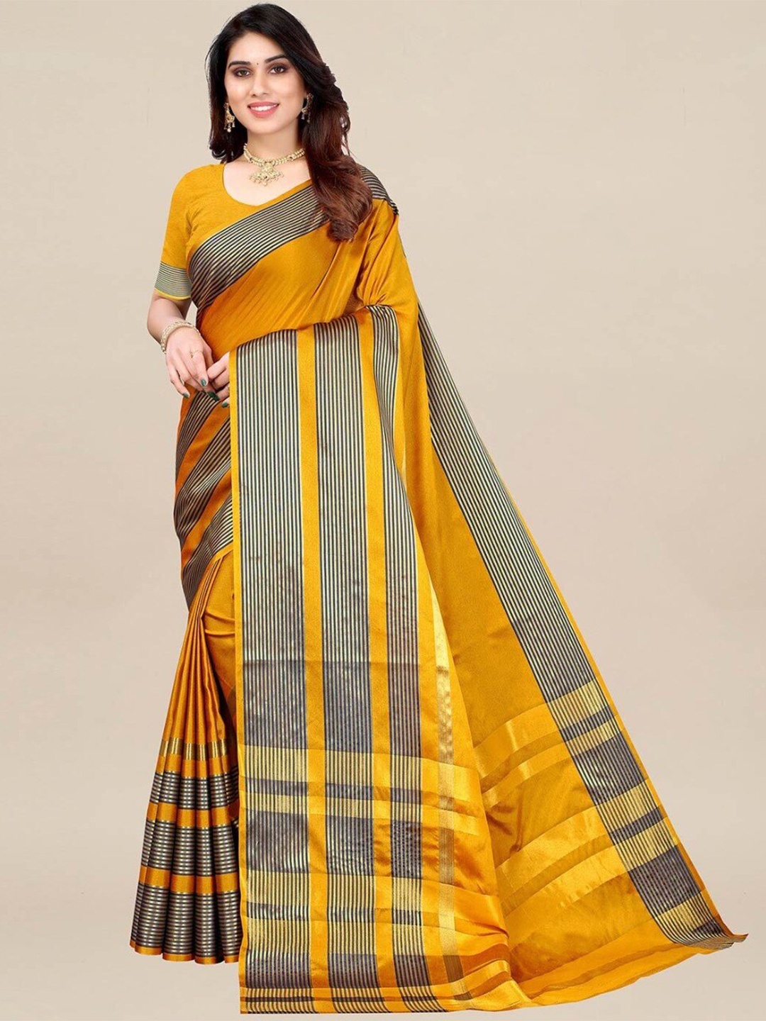 

SAADHVI Striped Art Silk Saree, Yellow