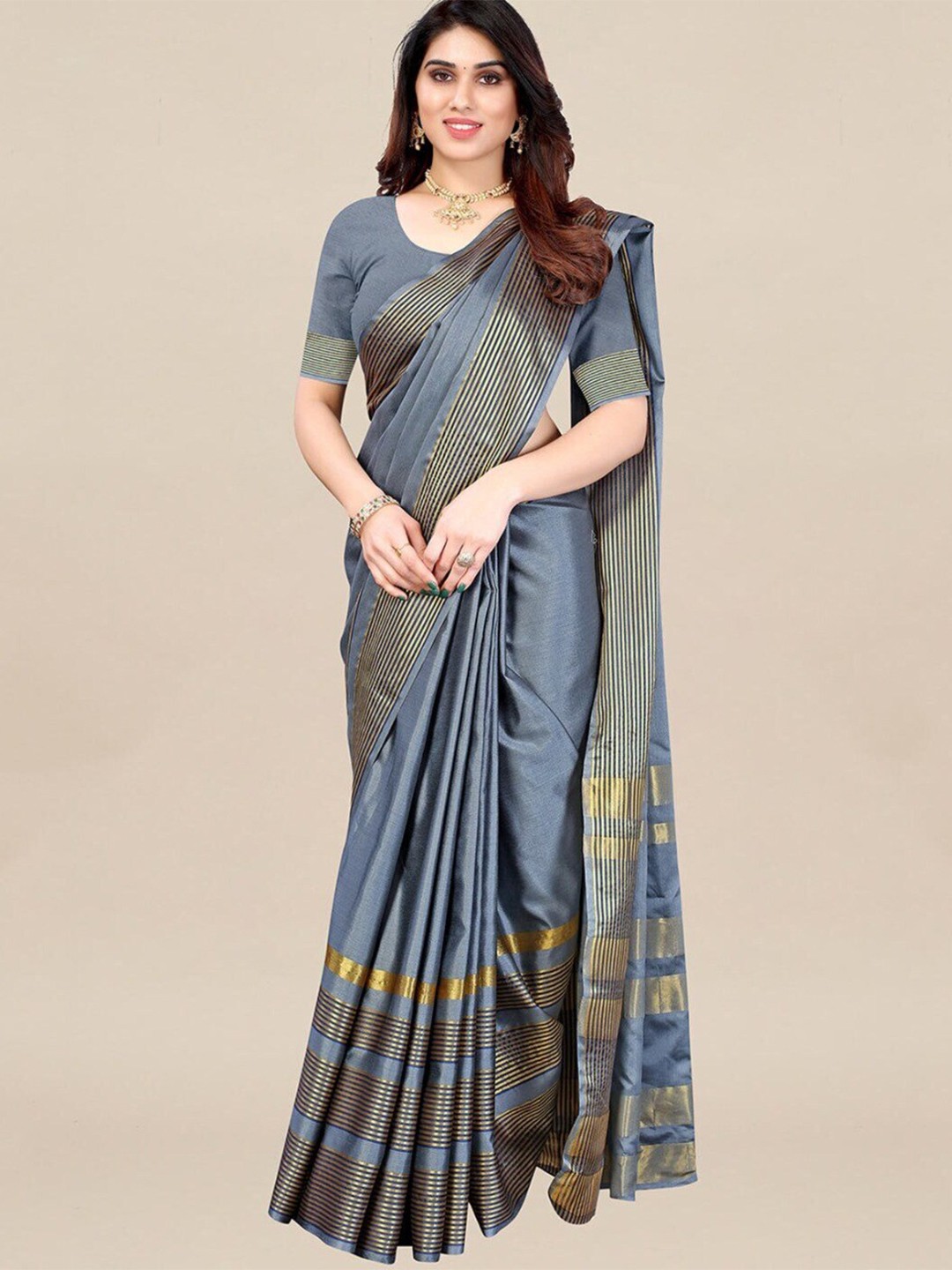 

SAADHVI Woven Design Zari Border Art Silk Saree, Grey