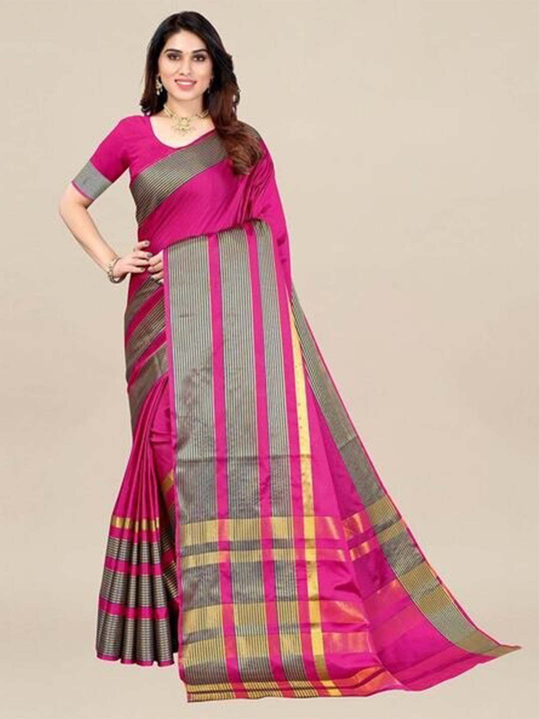 

SAADHVI Striped Bordered Saree, Pink