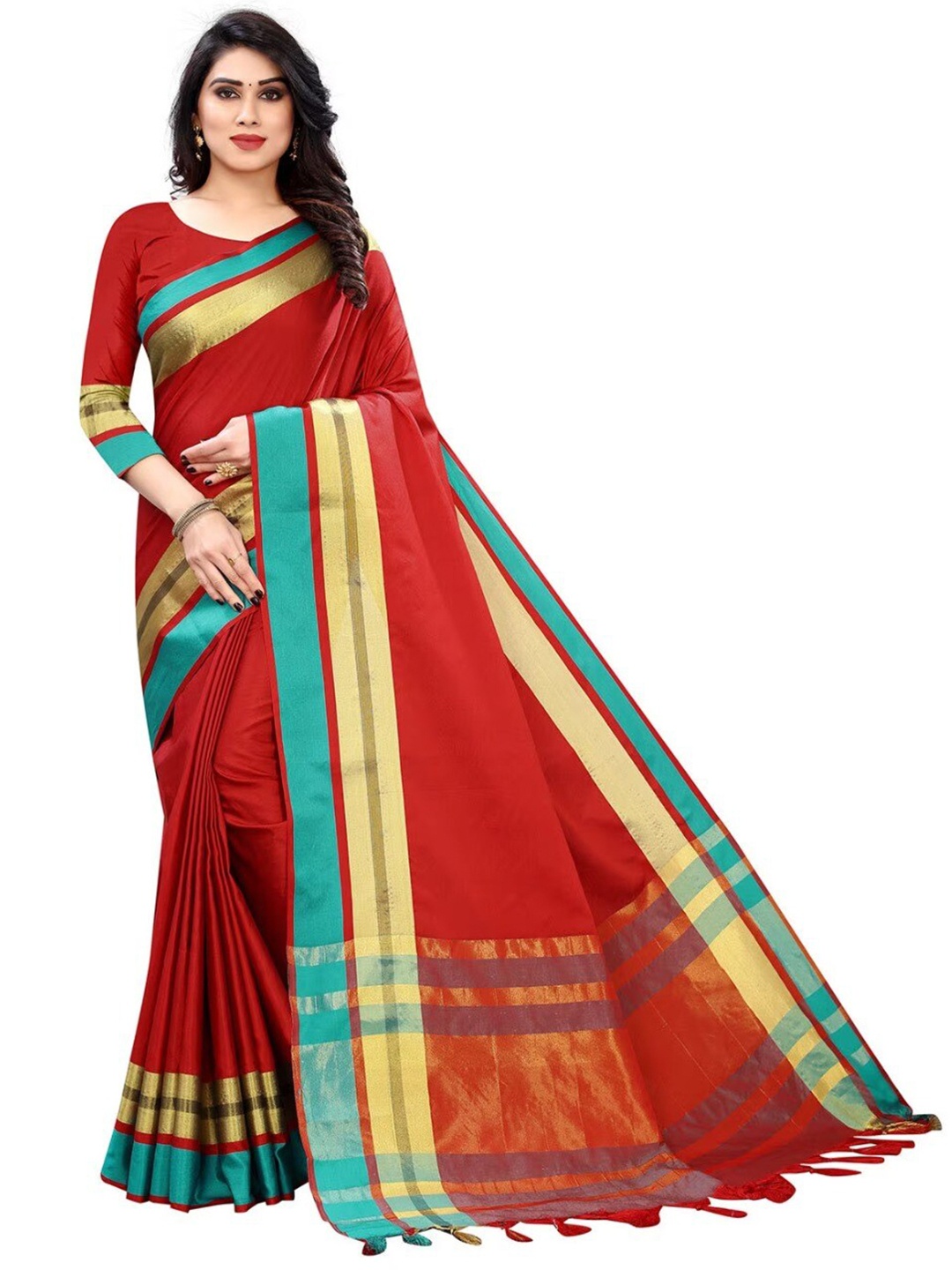 

SAADHVI Striped Zari Bordered Saree, Red