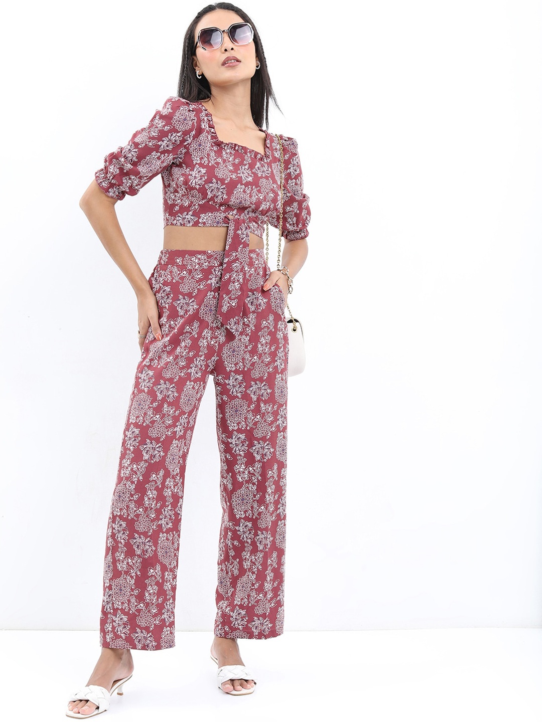 

KETCH Women Floral Printed Crop Top with Trousers, Brown