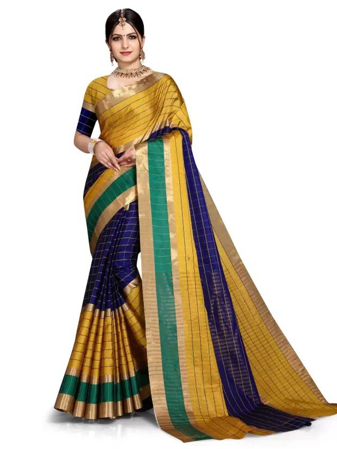

KALINI Checked Zari Bordered Art Silk Saree, Mustard
