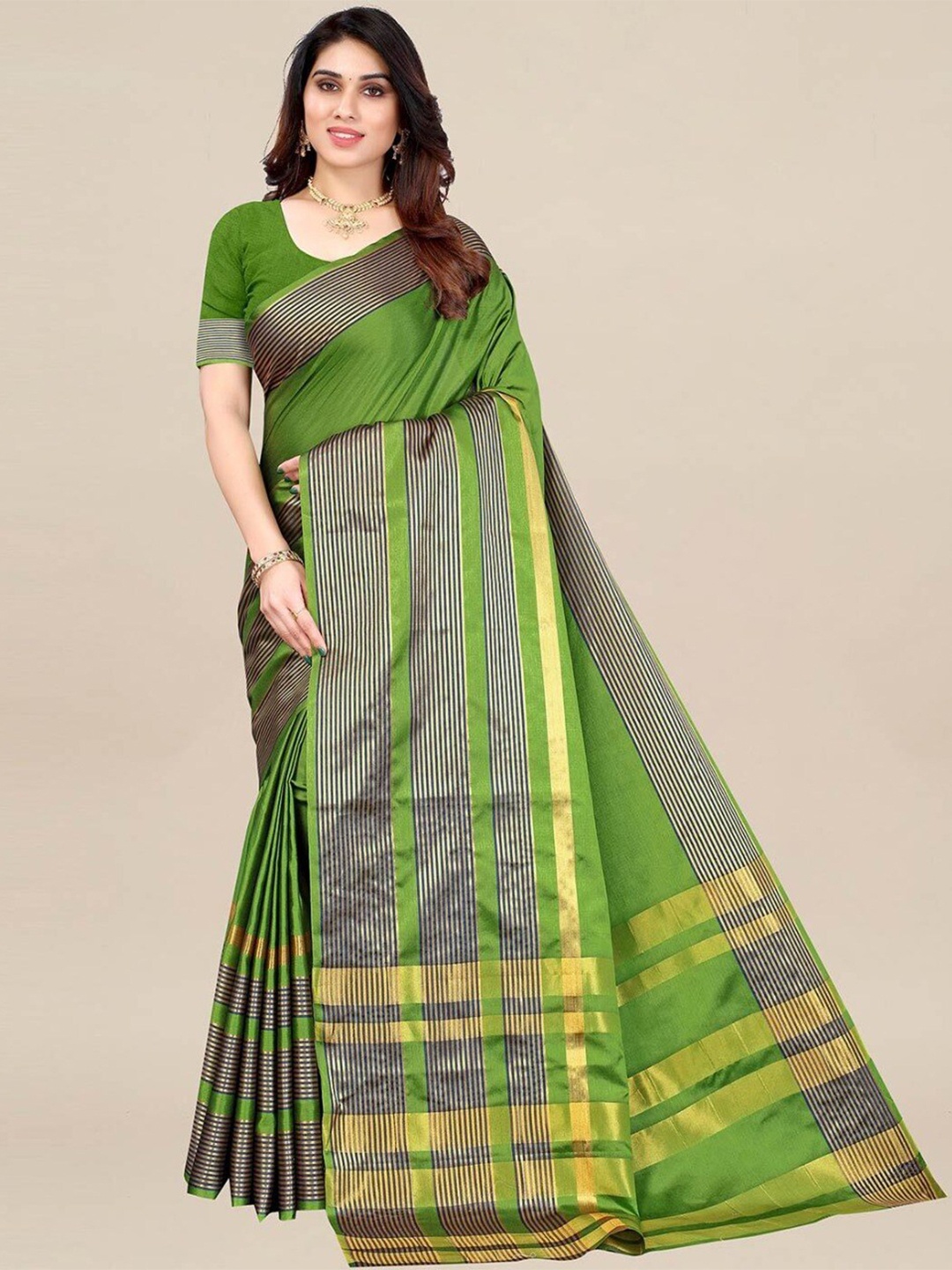 

KALINI Striped Art Silk Saree, Olive