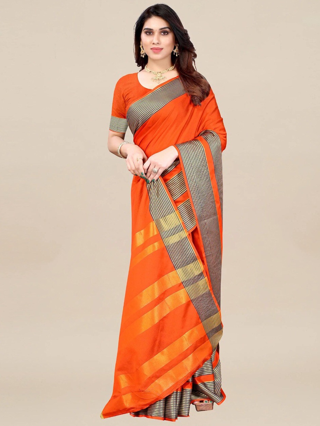 

KALINI Striped Bordered Art Silk Saree, Orange