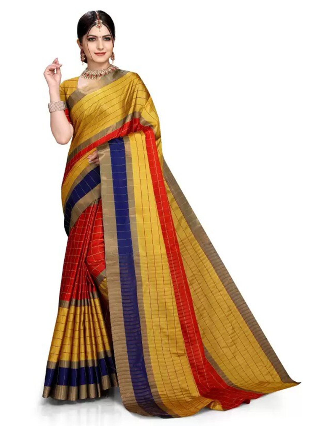 

KALINI Checked Zari Art Silk Saree, Mustard