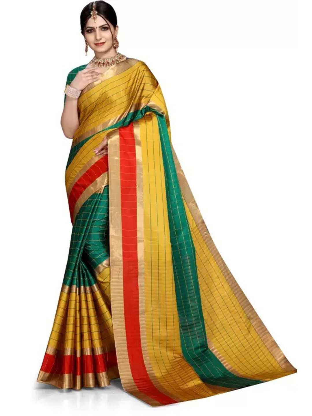 

KALINI Checked Zari Border Saree, Yellow