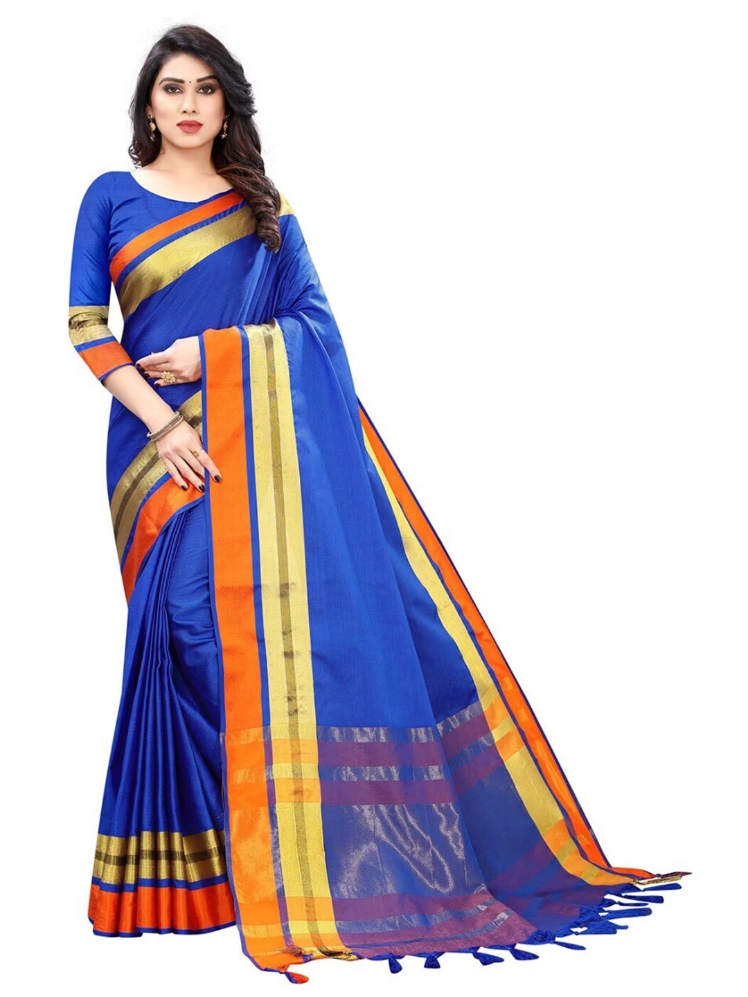 

KALINI Striped Zari Bordered Saree, Blue