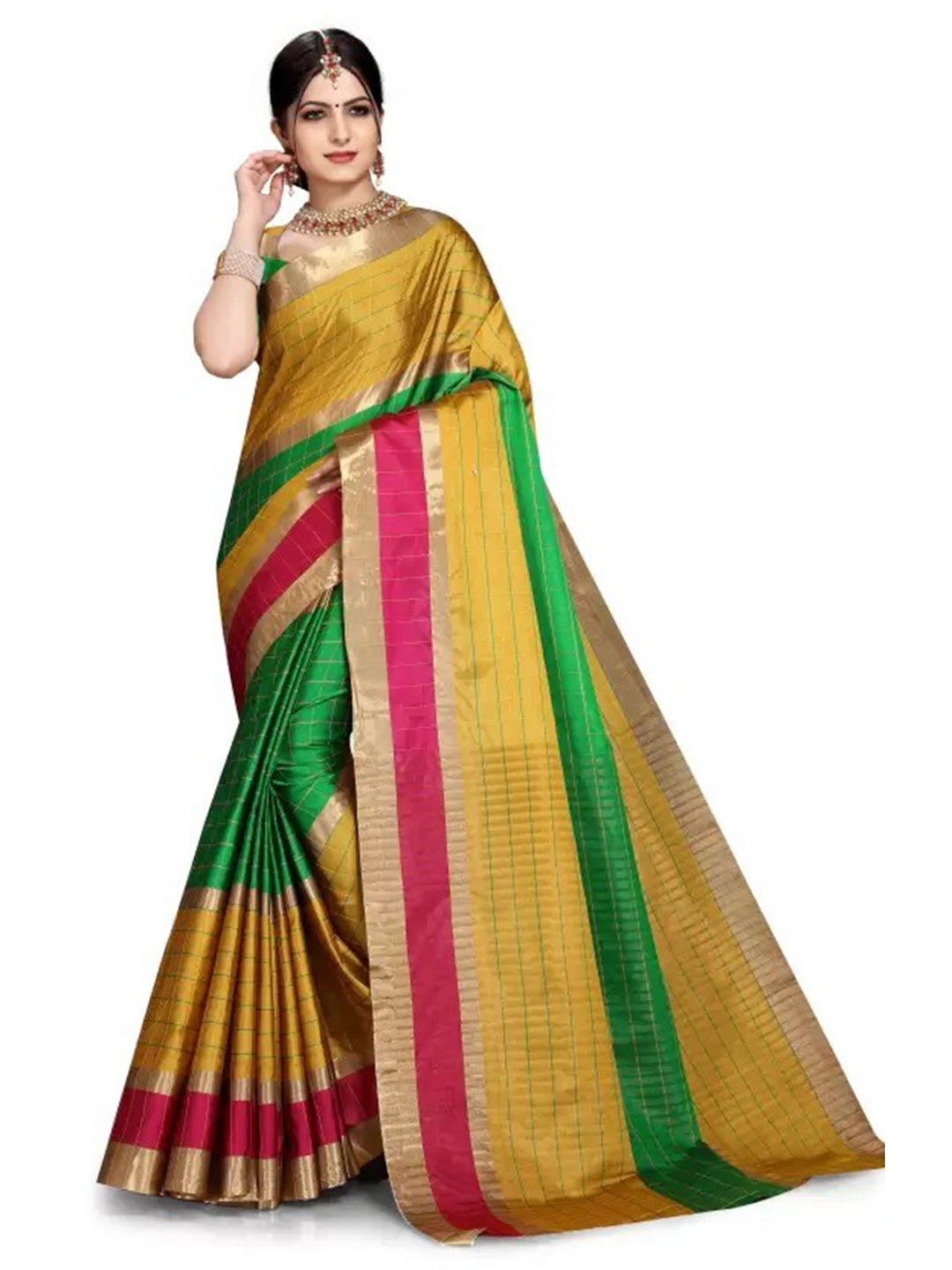 

KALINI Checked Zari Bordered Saree, Mustard