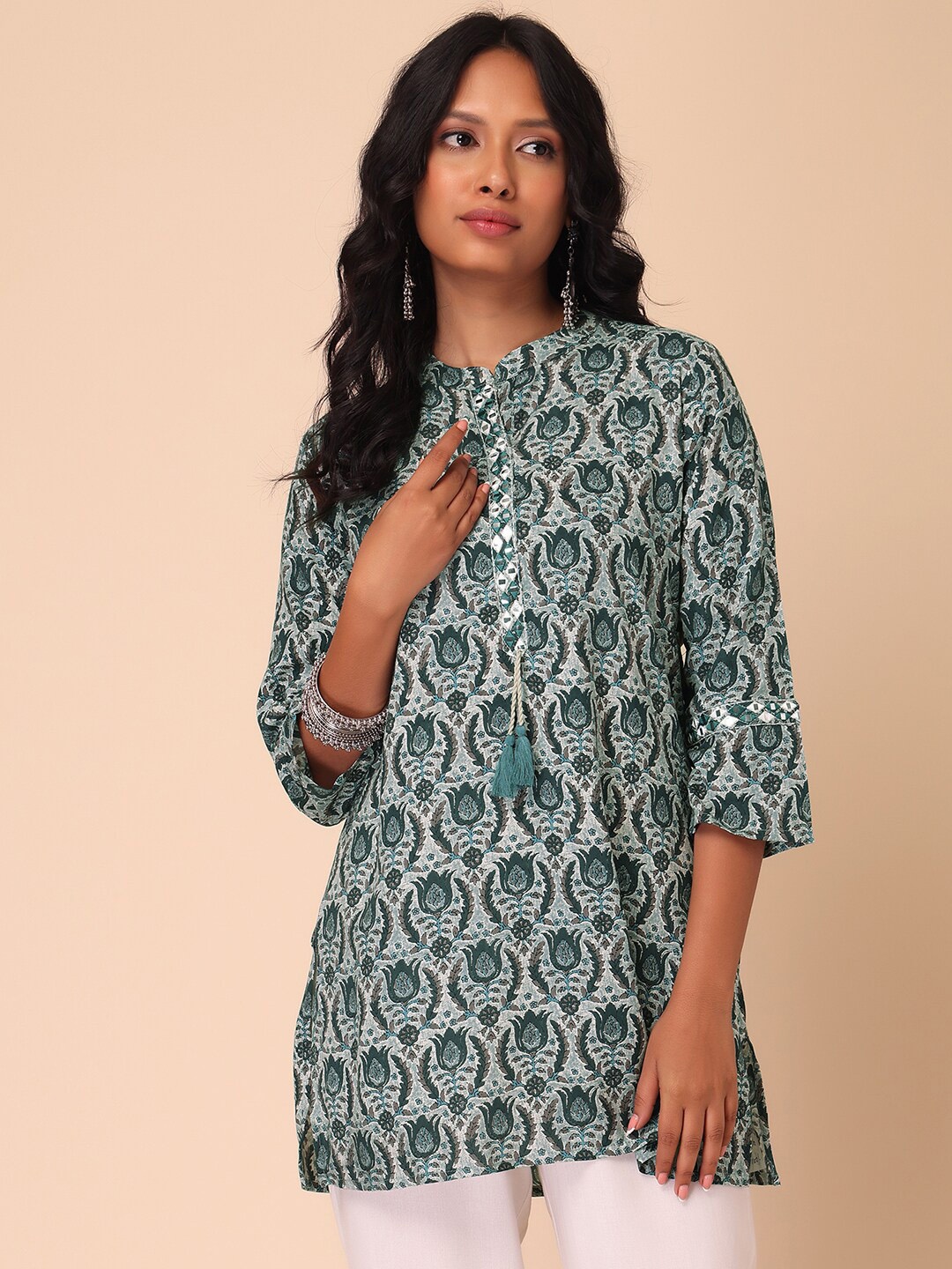 

INDYA Viscose Rayon Mandarin Collar Ethnic Motifs Printed Tunic, Blue