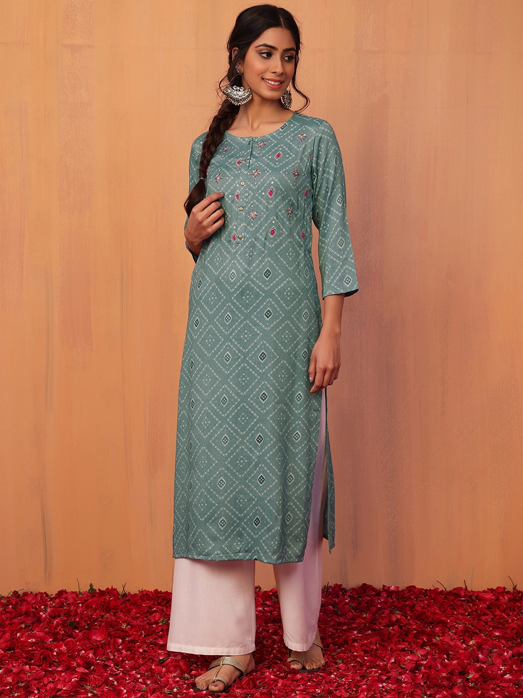 

INDYA Round Neck Bandhani Printed Sequins Straight Kurtas, Grey