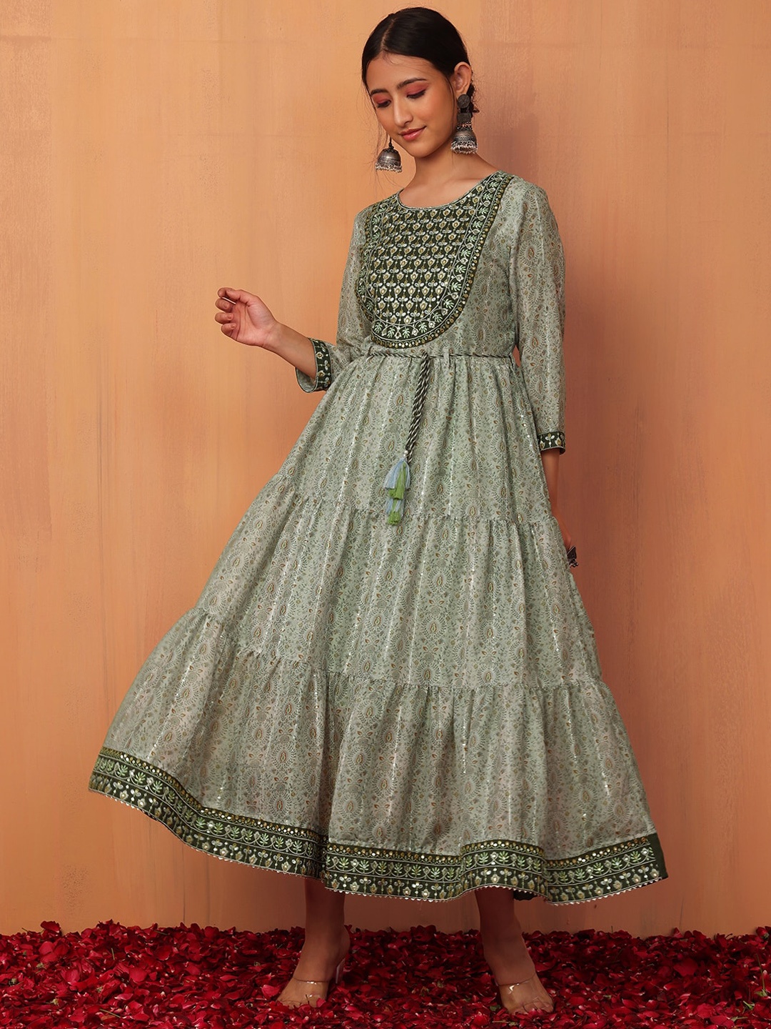 

INDYA Ethnic Motifs Printed Pure Cotton Tiered Anarkali Kurta, Green