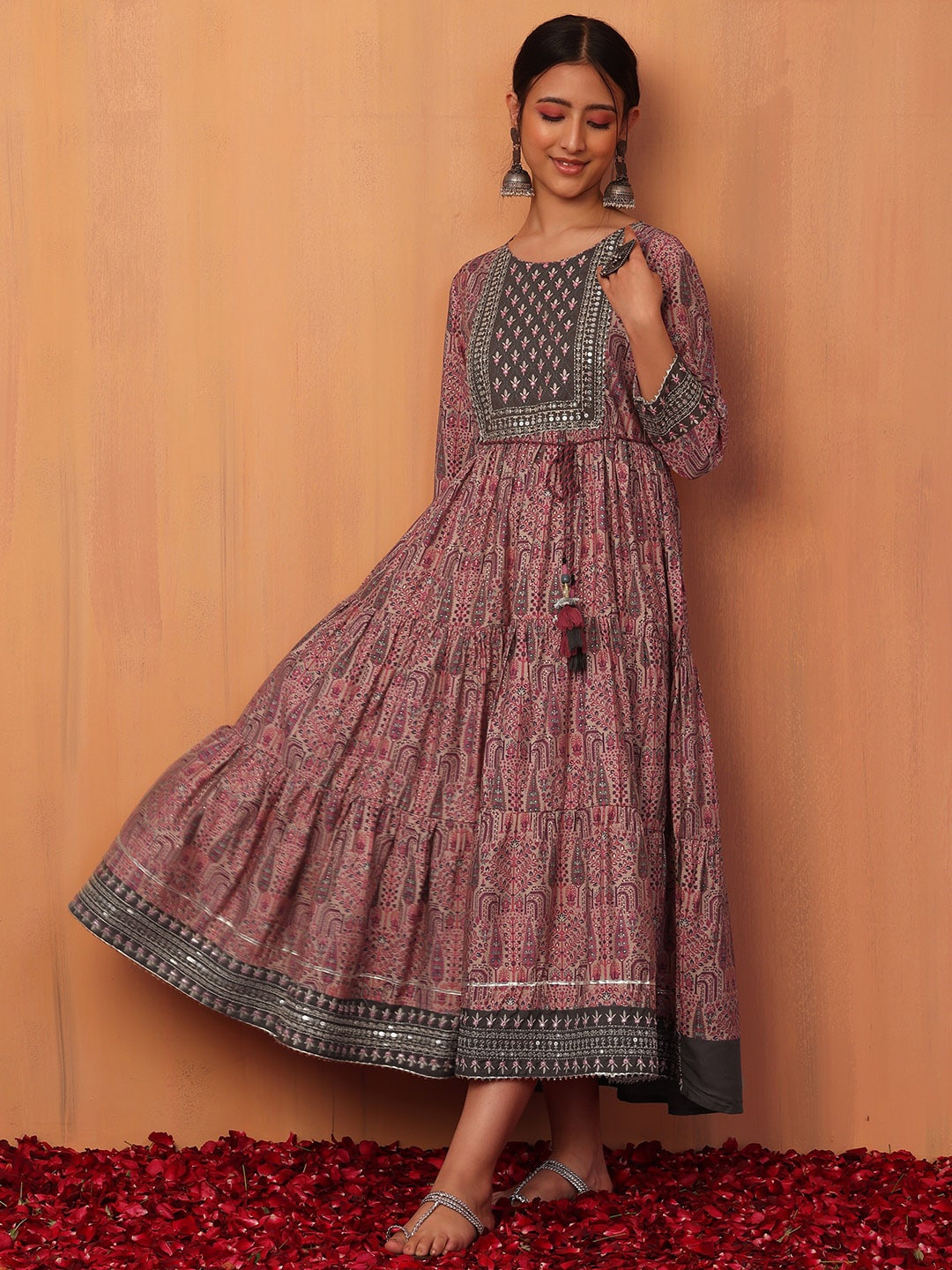 

INDYA Women Ethnic Motifs Printed Embroidered Tiered Ethnic Dress, Pink