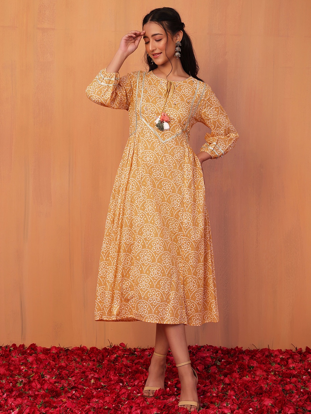 

INDYA Floral Printed Embroidered Bandini Cotton Ethnic Dress, Yellow