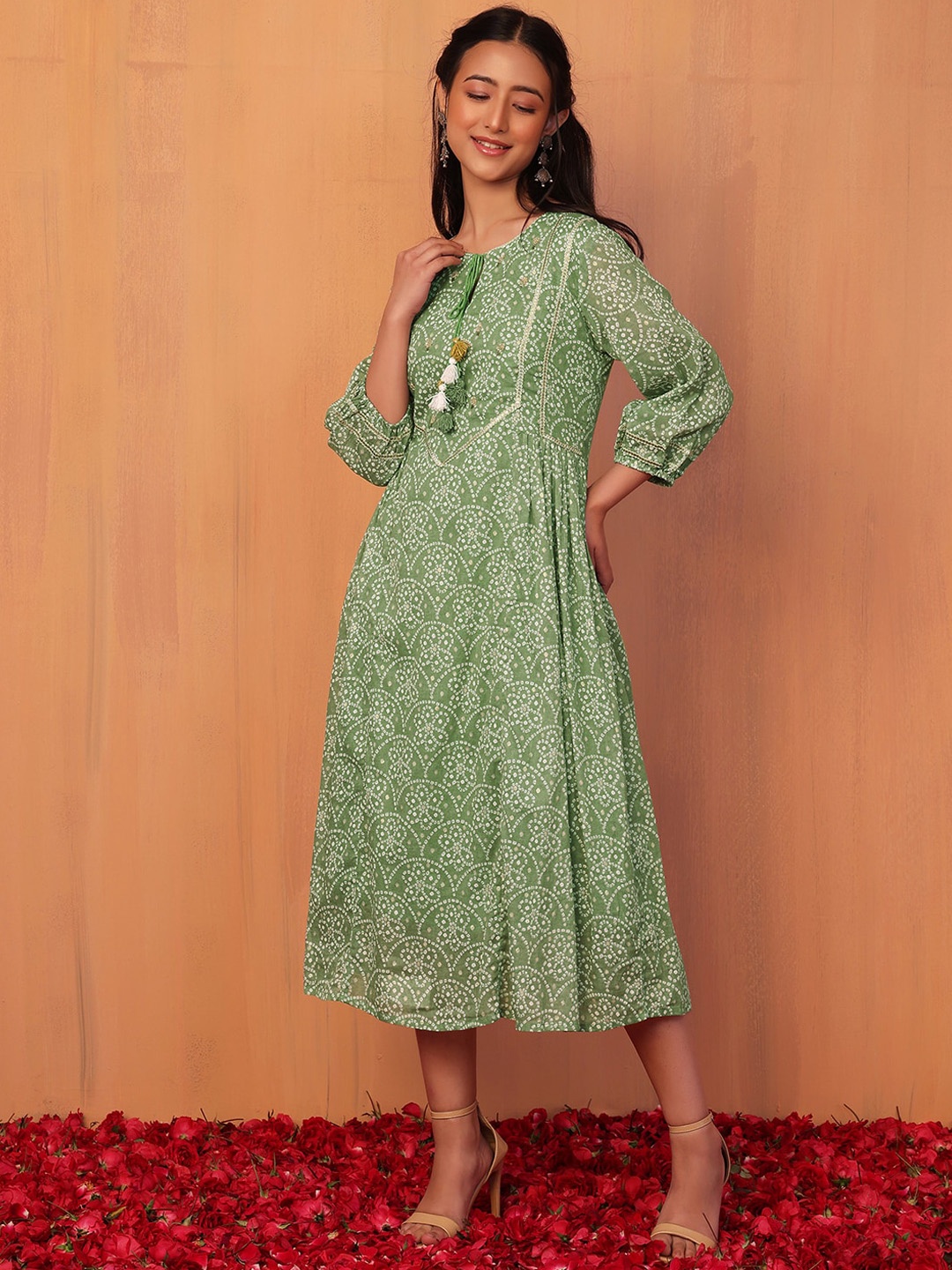 

INDYA Bandhani Tie-Up Neck Cotton Dress, Green