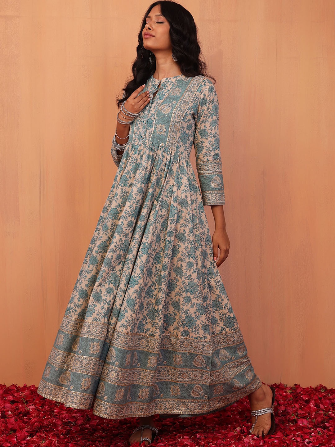 

INDYA Floral Printed Anarkali Cotton Kurta, Beige