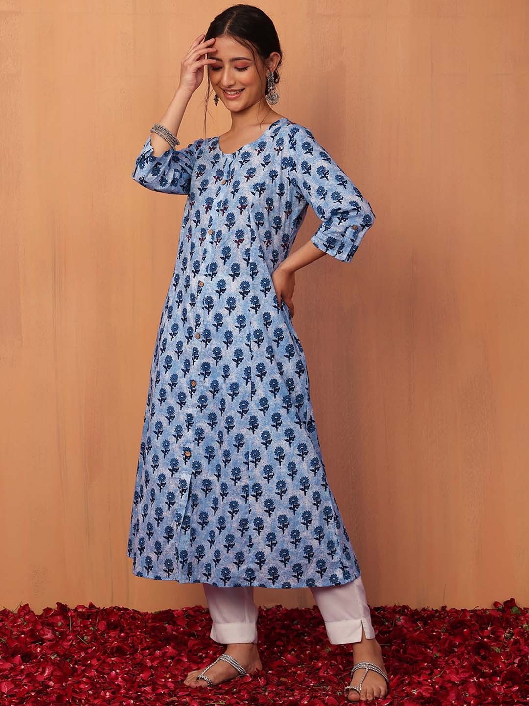 

INDYA Ethnic Motifs Printed Front Open Cotton A-Line Kurta, Blue